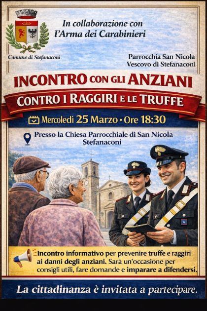 INCONTRO CON GLI ANZIANI CONTRO I RAGGIRI E LE TRUFFE GIORNO 25.03.26 ORE 18:30 PRESSO LA CHIESA PARROCCHIALE DI SAN NICOLA  